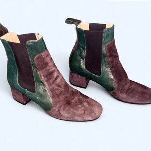 Maliparmi Women’s Brown Green Suede Boots Size 7 Italy Low Heel Ankle Booties